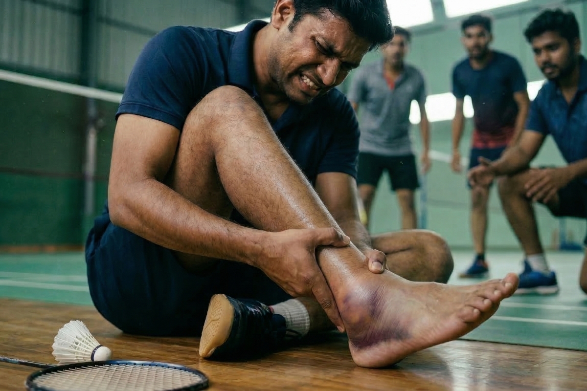 Badminton player holding a swollen ankle after a twisting injury during a game in Thirumullaivoyal