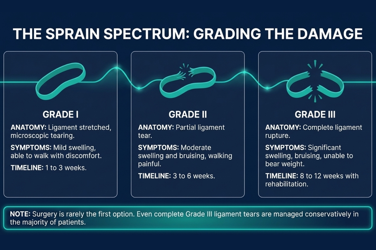 Ankle sprain grading showing Grade I ligament stretch, Grade II partial tear, and Grade III complete ligament rupture with recovery timelines