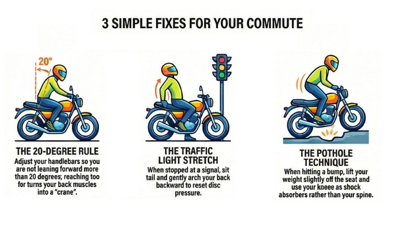Visual guide showing three simple riding posture fixes to reduce back strain during daily bike commuting
