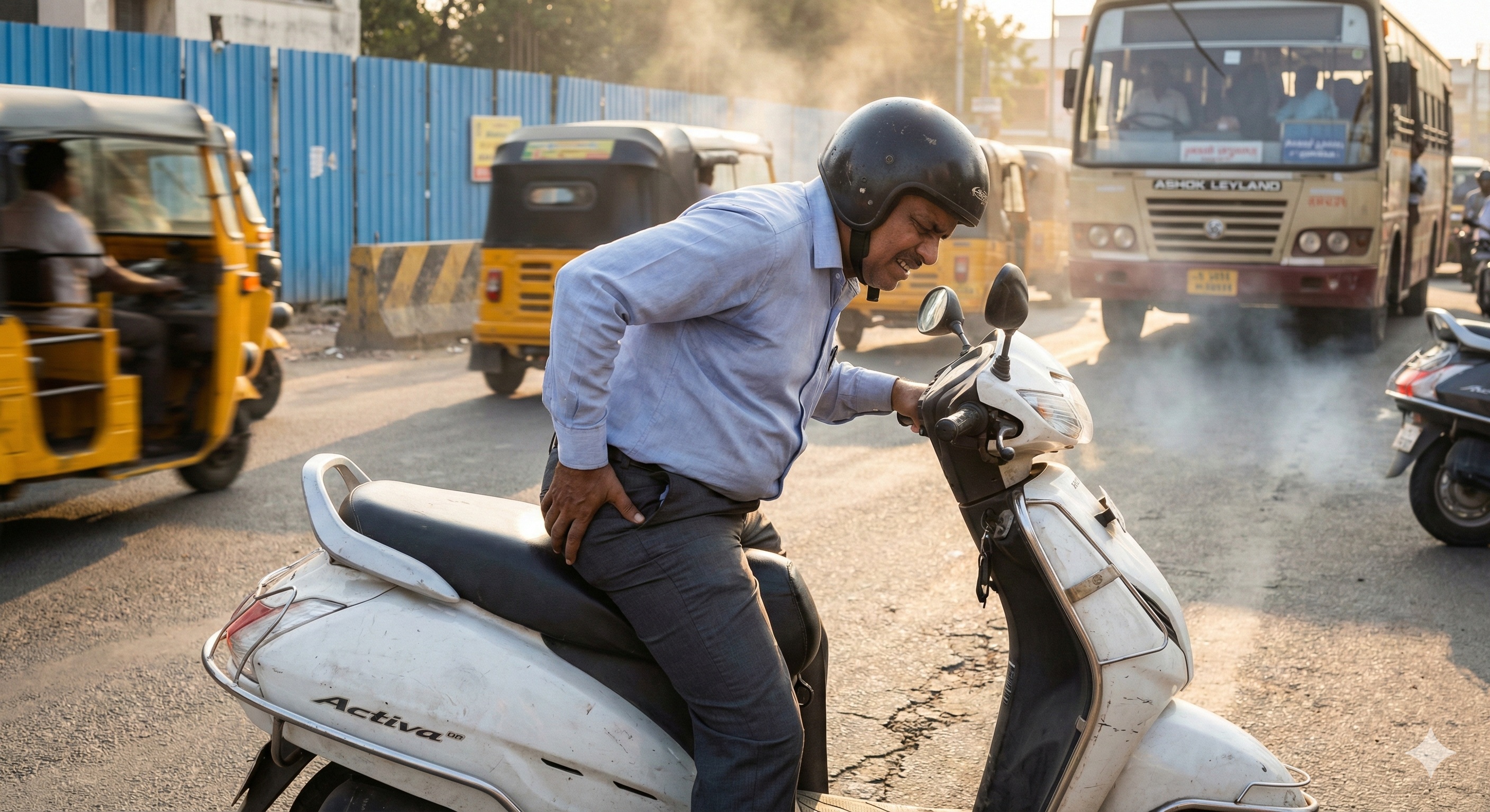 Person riding a two wheeler with lower back discomfort in Chennai traffic
