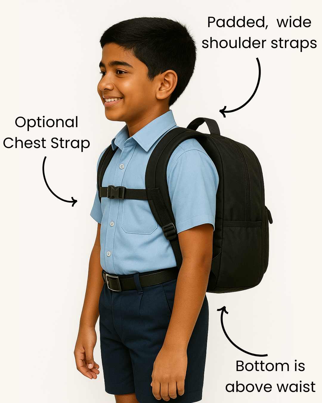 South Indian schoolchild wearing a properly fitted backpack with both straps, bag sitting high