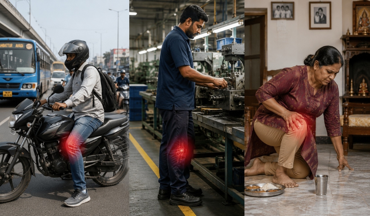 Daily life activities in Chennai that increase knee stress including commuting, standing work, and floor sitting