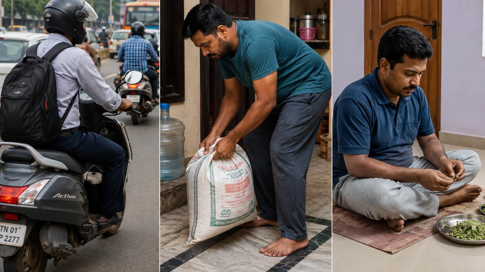Common daily activities that place stress on the lower back including two-wheeler commuting, lifting heavy loads, and prolonged floor sitting