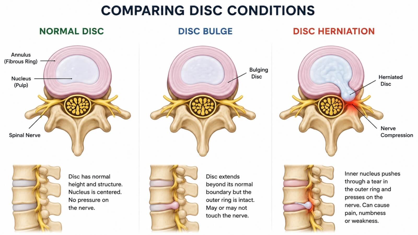 Comparison of a healthy spinal disc, disc bulge, and disc herniation showing how disc changes can affect nearby nerves
