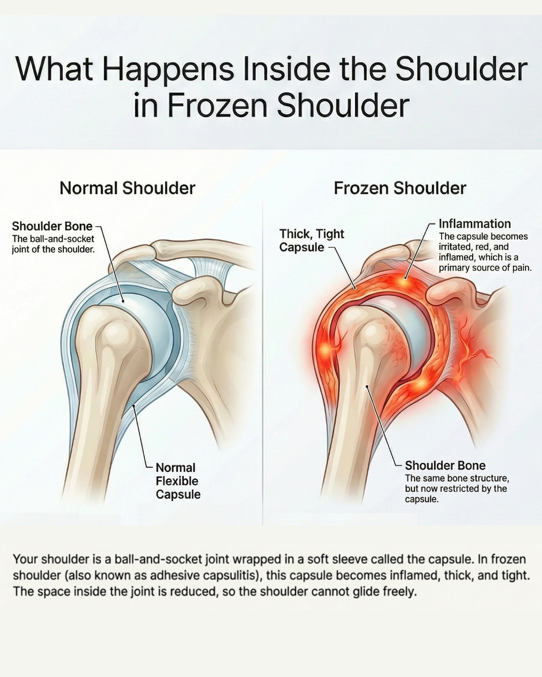 Normal shoulder capsule versus tight capsule in frozen shoulder, explained by OrthoCure Thirumullaivoyal
