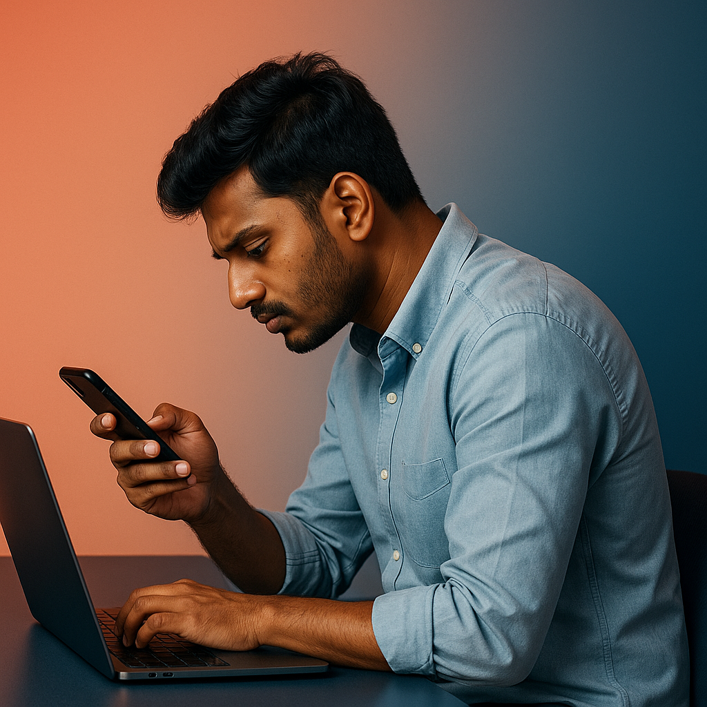 techie using laptop and mobile phone