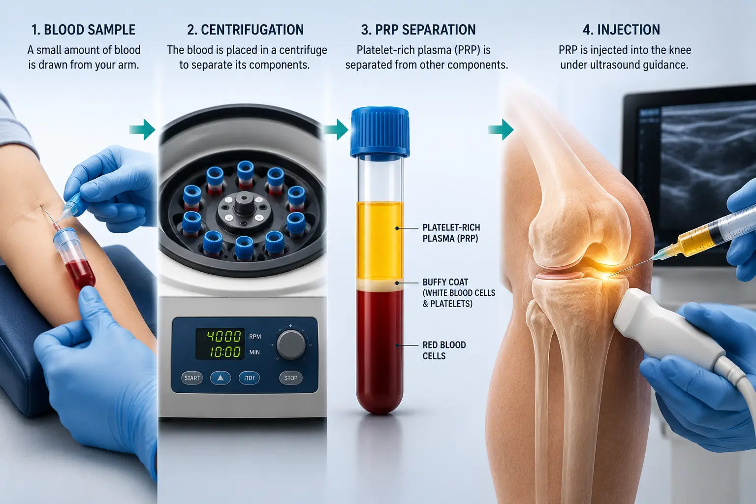Four-step infographic showing how platelet-rich plasma (PRP) is prepared from a patient's own blood before being injected into the knee under ultrasound guidance.