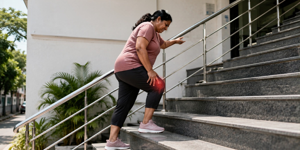 Person climbing stairs with knee pain after weight gain