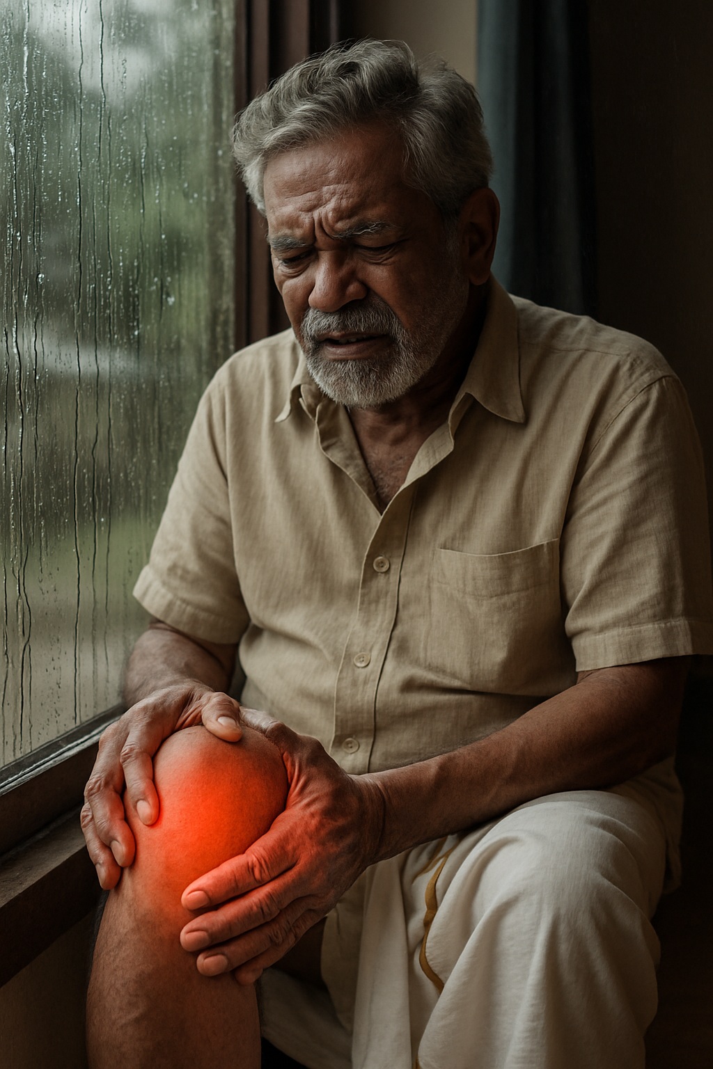 elderly man having knee pain during rainy season