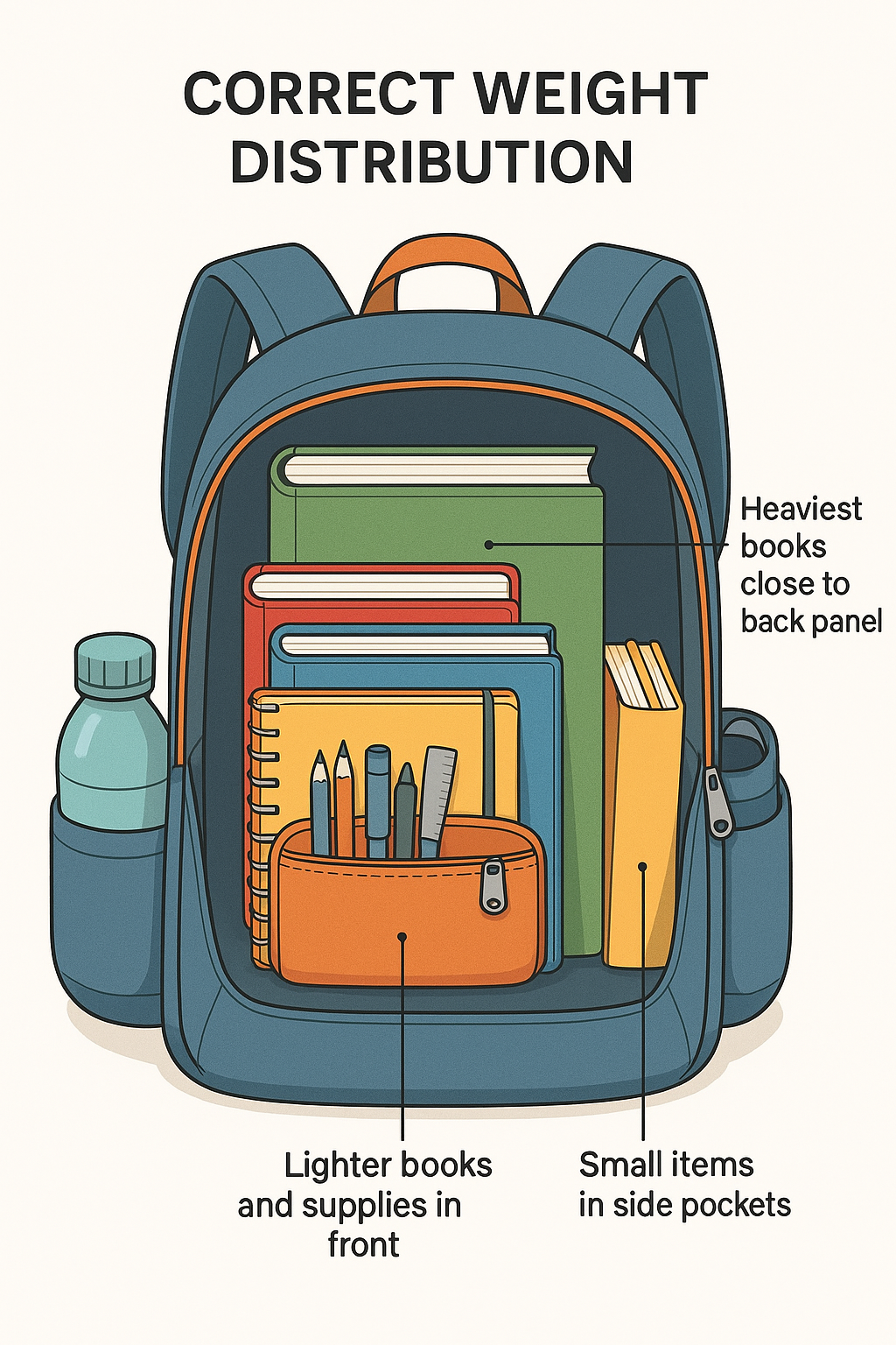 Child placing heavy textbook near the back panel of the backpack