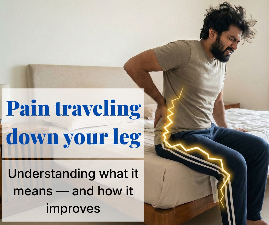 Leg pain travelling from the buttock to the calf in sciatica, shown as a calm educational visual