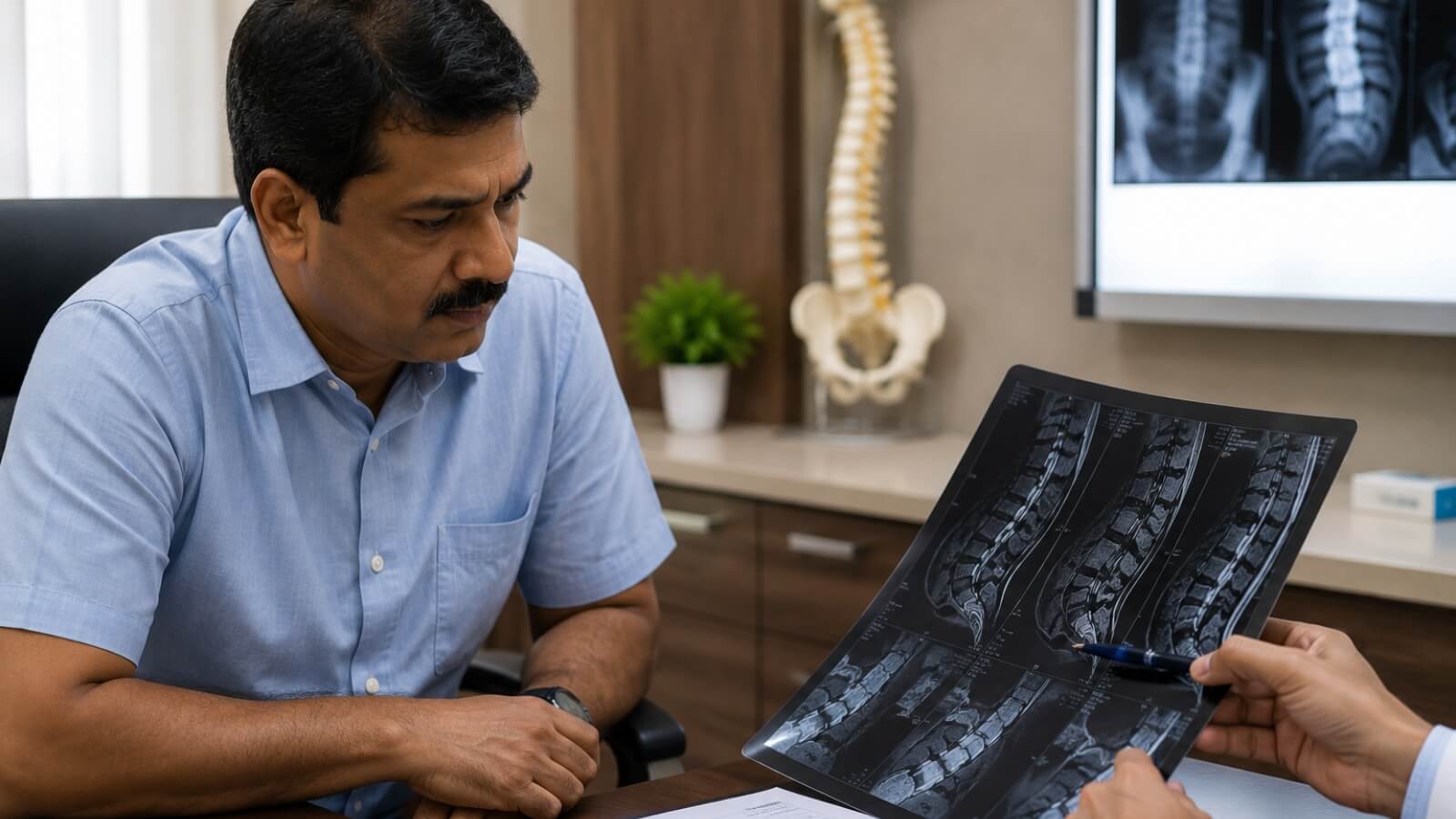 Patient reviewing lumbar spine MRI with orthopaedic surgeon
