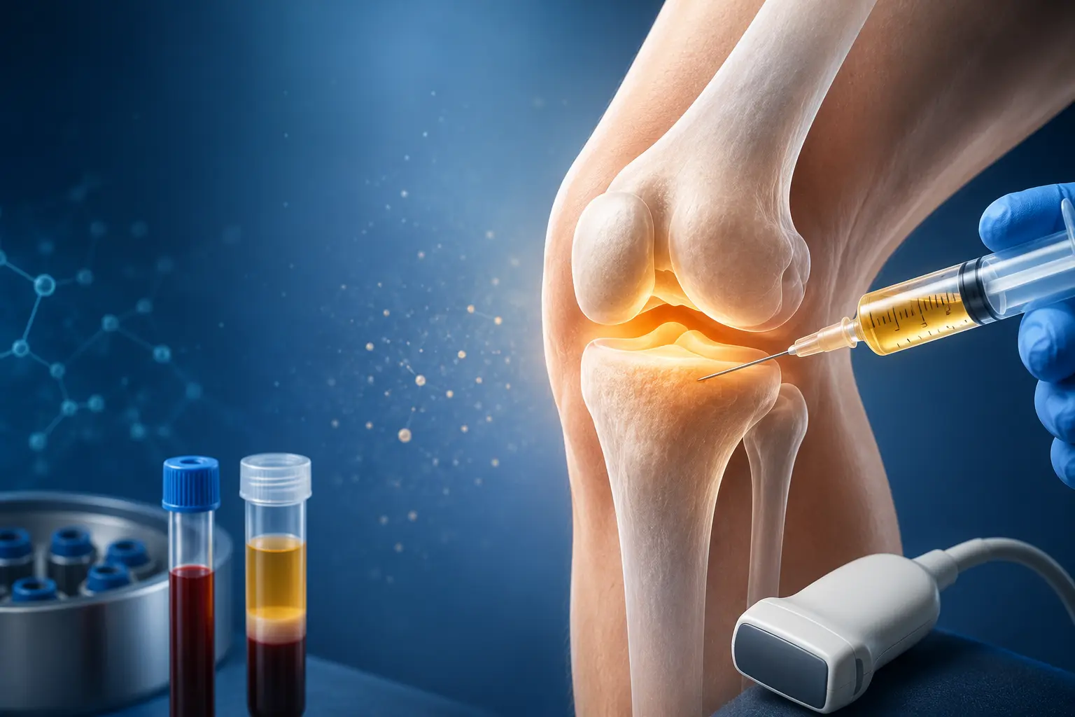 Illustration showing platelet-rich plasma (PRP) injection for knee osteoarthritis and its potential role in reducing pain and delaying knee replacement in selected patients.