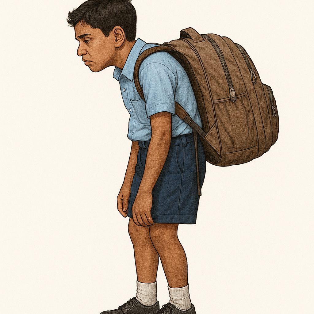 Child leaning forward with a low-hanging heavy backpack causing spinal and shoulder strain