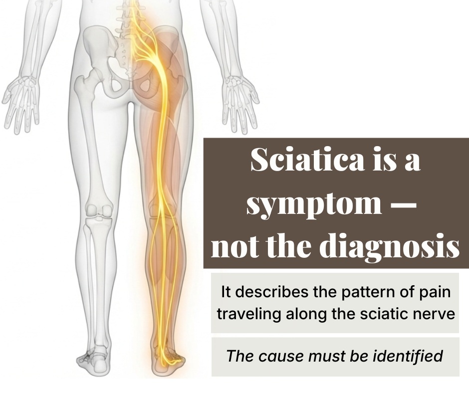 Anatomical illustration of the sciatic nerve pathway from the lower back down the leg, explaining that sciatica is a symptom and not a diagnosis