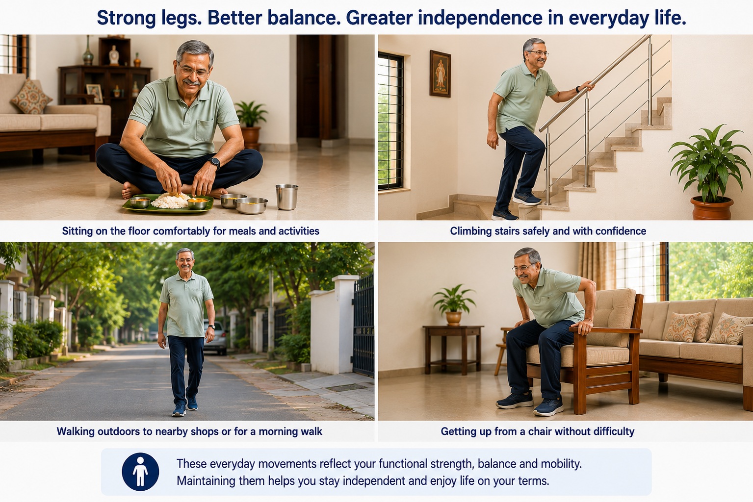 Everyday activities such as floor sitting, climbing stairs, walking and rising from a chair that depend on functional lower-limb strength and mobility