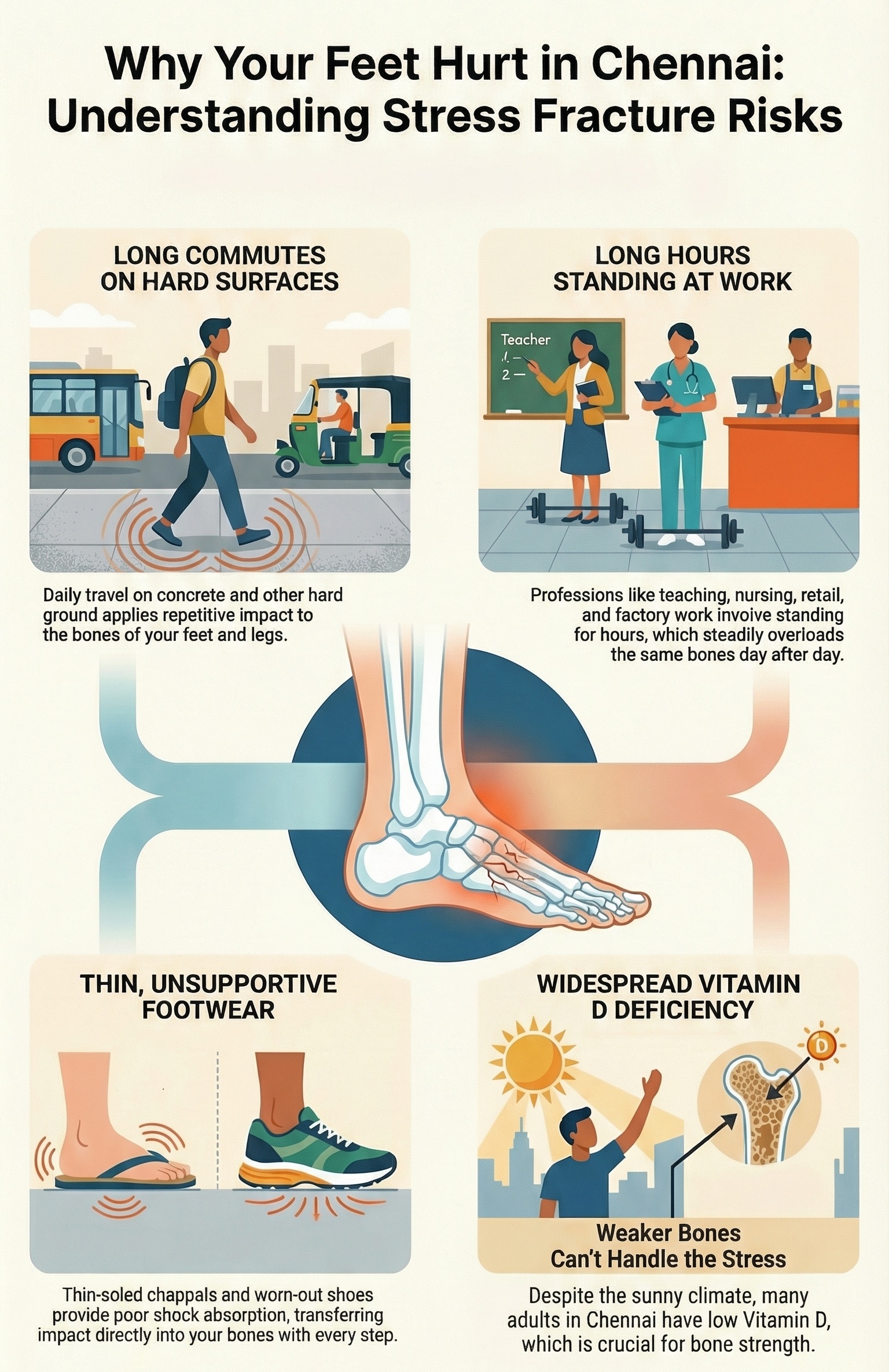 Daily lifestyle factors in Chennai like long walking, standing work, and poor footwear that increase stress fracture risk