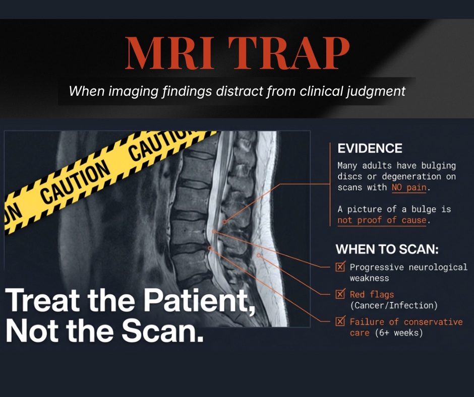 MRI scan of lumbar spine showing disc bulge with caution overlay emphasizing treat the patient not the scan. Educational image explaining that disc bulges are common in asymptomatic people and outlining red flag indications for imaging in back pain