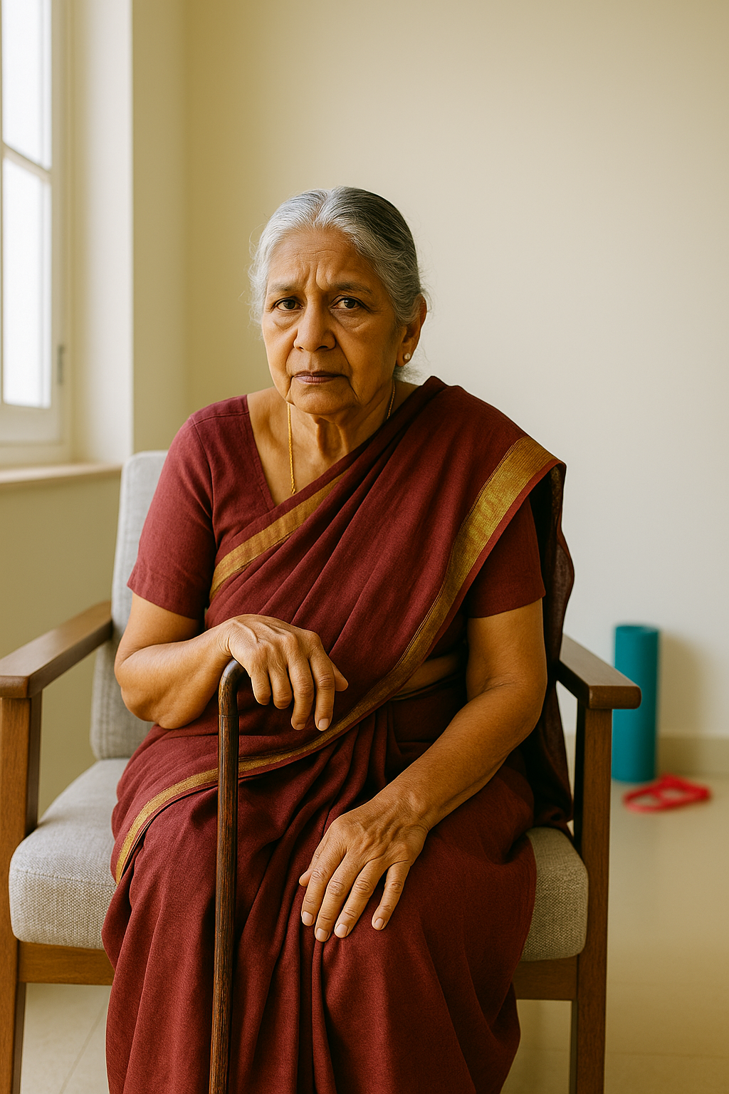 Elderly woman sitting with a walking stick, looking concerned