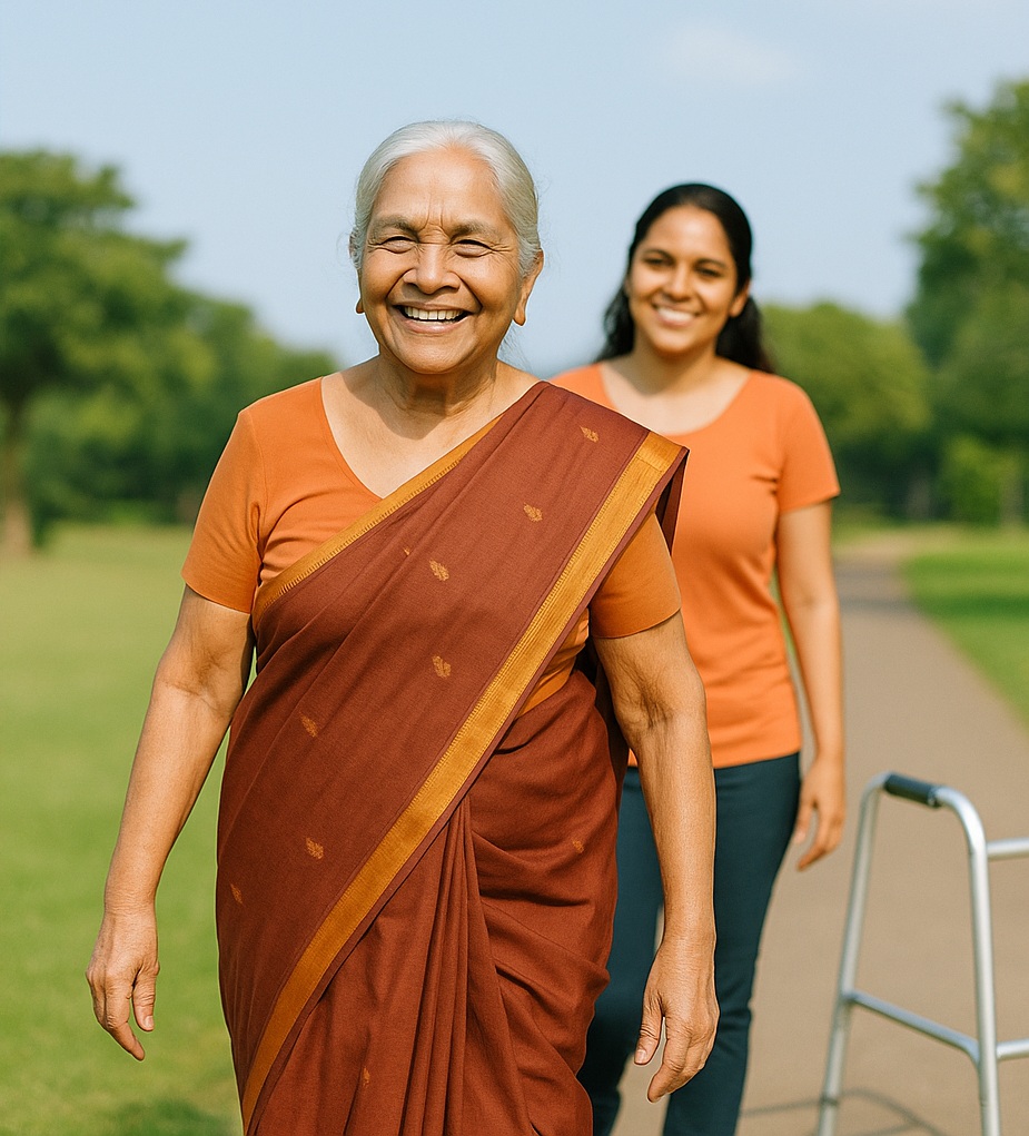 Happy elderly woman walking with support